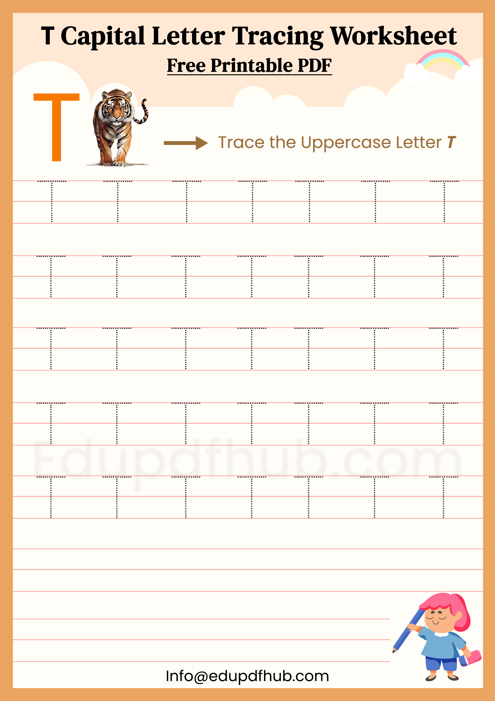 T Capital Letter Tracing Worksheet Printable PDF for Kids